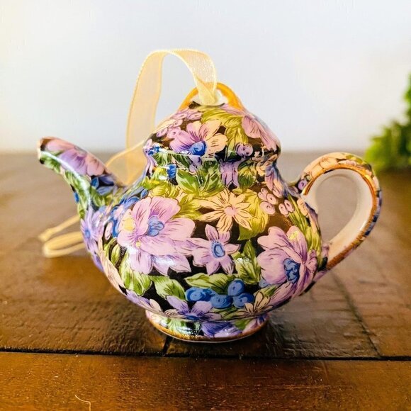 Two's Company Chintz Mollie Mini Teapot Ornament - Purple - Picture 1 of 2